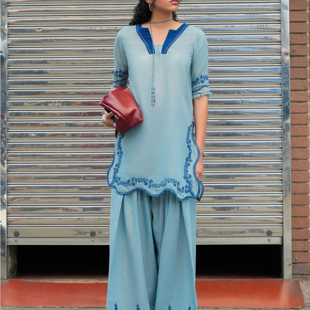 Pakistani designer Chic Blue Embroidered Long Sleeve Dress